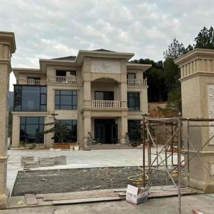 河北 黄金麻花岗岩别墅雕花外墙干挂配上门口雕花罗马柱